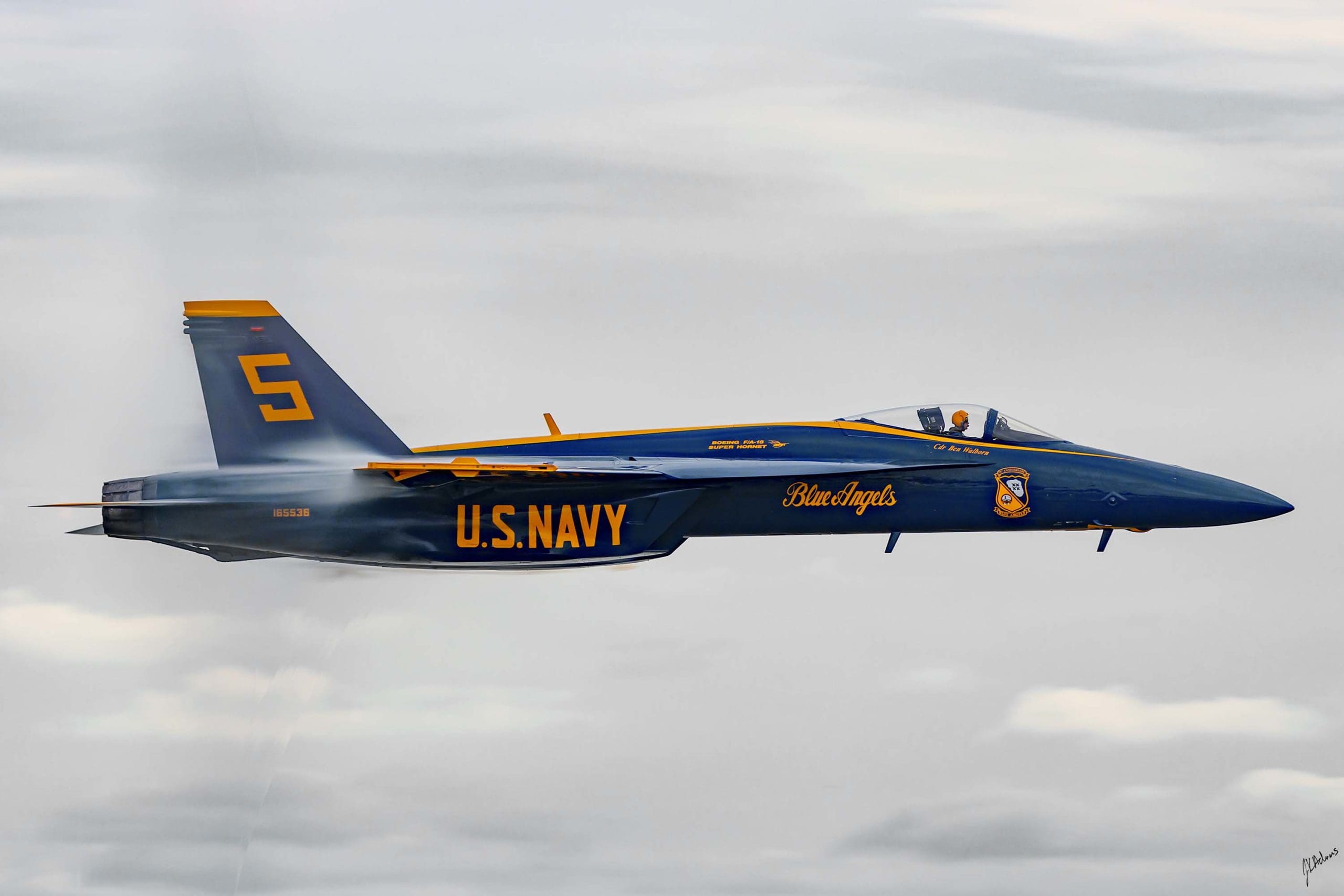 Today's Photo of the Day comes from J.K. Adams. J.K. took this stunning photo of Blue Angels Commander Ben Walborn and his #5 plane at the recent Blue Angels Homecoming Air Show. CDR Walborn is the lead solo pilot on the Blue Angels team.