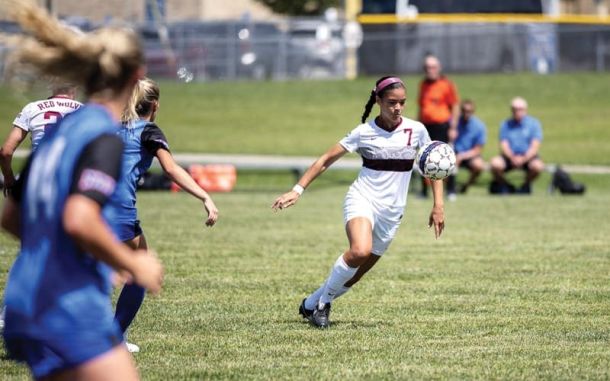 Tori Martino moves the ball up the field during a recent game for Indiana East. Martino is a senior for the Red Wolves this season.
