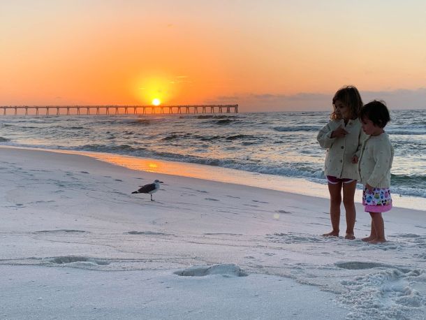 Kids and Bird on Beach
